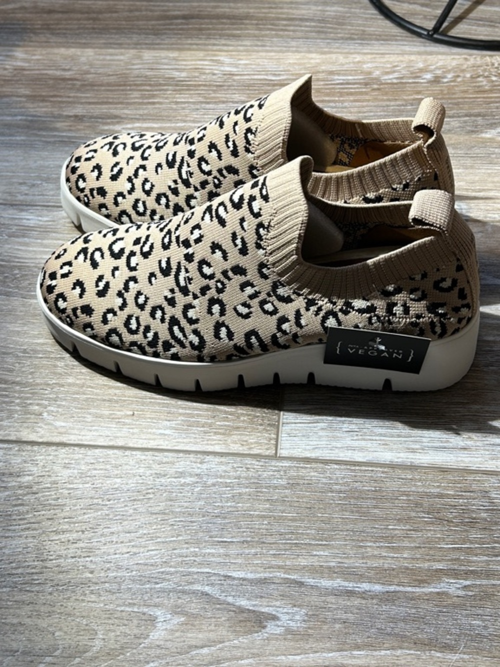 bernie mev. Tan and Black Leopard Knit Slip-On Sneakers